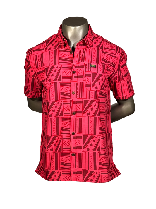 Eveni Pacific Men's Classic Elei Shirt - Lipstick Palm Red